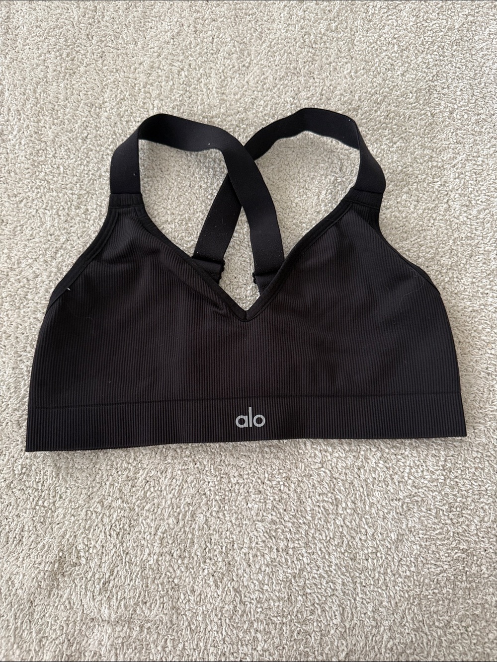 ALO Yoga Black Ribbed V-Neck Cross-Back Sports Bra